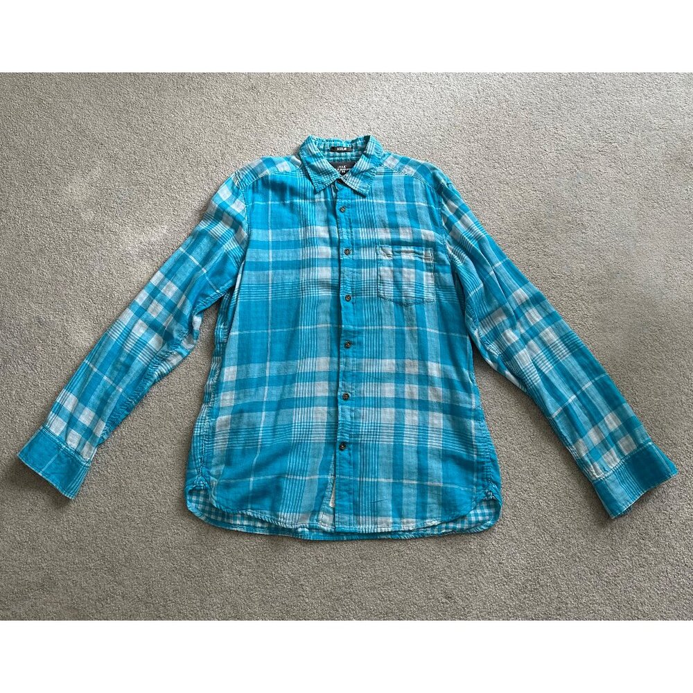 H&M LOGG Plaid Shirt Mens Medium Teal White Button Up Long Sleeve Casual